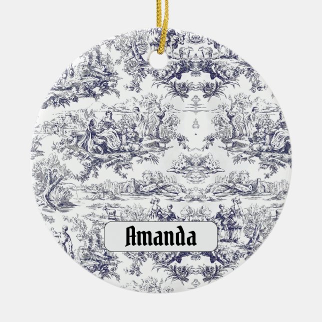 Ornamento De Cerâmica Monograma floral preto de jouy (Frente)