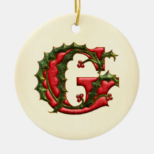 Ornamento De Cerâmica Monograma G do azevinho do Natal