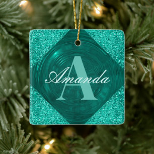 Ornamento De Cerâmica Monograma Girly Glitter de Teal Moderno