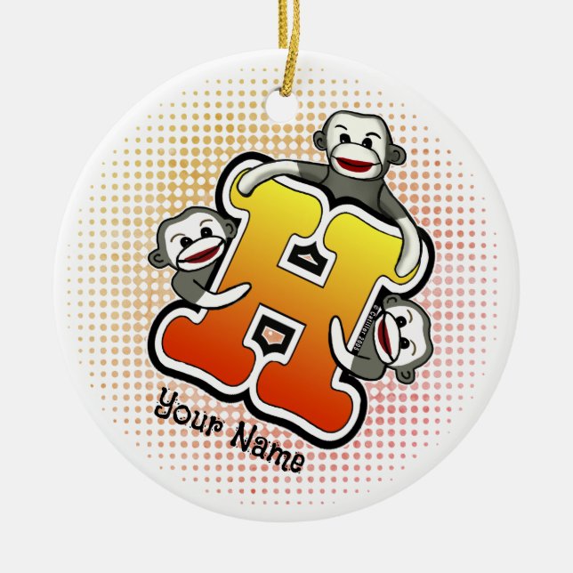 Ornamento De Cerâmica Monograma H Sock Monkey (Frente)