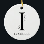 Ornamento De Cerâmica Monograma I Nome Celestial<br><div class="desc">Adicione um toque de magia celestial à sua decoração de férias com este Enfeites de natal monográfico espantoso! Apresentando uma carta adornada com estrelas pequenas e luas à sua volta e a sua escolha de nome por baixo, este ornamento personalizado é o nome perfeito para a temporada. Ele ajustado confortavelmente...</div>