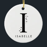 Ornamento De Cerâmica Monograma I Nome Celestial<br><div class="desc">Adicione um toque de magia celestial à sua decoração de férias com este Enfeites de natal monográfico espantoso! Apresentando uma carta adornada com estrelas pequenas e luas à sua volta e a sua escolha de nome por baixo, este ornamento personalizado é o nome perfeito para a temporada. Ele ajustado confortavelmente...</div>