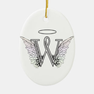 Ornamento De Cerâmica Monograma inicial de W da letra com asas & halo do
