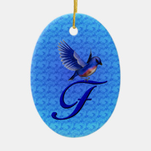 Ornamento De Cerâmica Monograma Inicial F Pássaro Azul