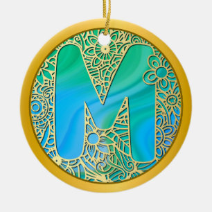 Ornamento De Cerâmica Monograma Inicial M Natal - Dourado, Turquesa & A
