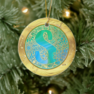 Ornamento De Cerâmica Monograma Inicial S Natal - Dourado, Turquesa & A
