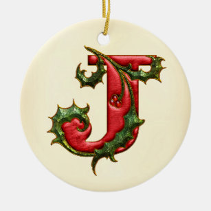 Ornamento De Cerâmica Monograma J do azevinho do Natal