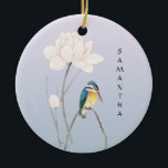 Ornamento De Cerâmica Monograma Japonês Vintage Lotus Ornament<br><div class="desc">Trabalho de arte baseado no impressão japonês vintage (abrigado em Rijksmuseum), com um punhal colorido e fofo sentado num galho, uma flor de lótus de rosa claro grande. Nome personalizado escrito em fonte semelhante a hieroglyph. Aquarela. Púrpura púrpura com pó e preguiçoso. Azul, lilac, cinza, rosa, esmeralda verde, laranja, ouro...</div>