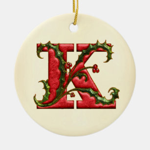 Ornamento De Cerâmica Monograma K do azevinho do Natal