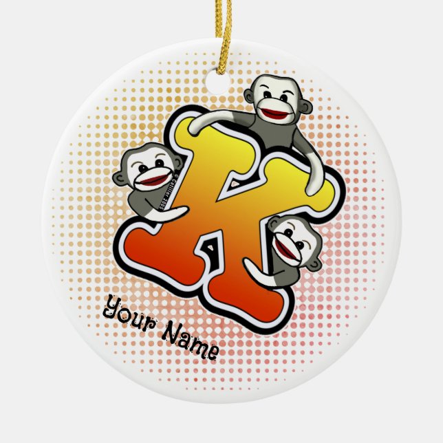 Ornamento De Cerâmica Monograma K Sock Monkey (Frente)