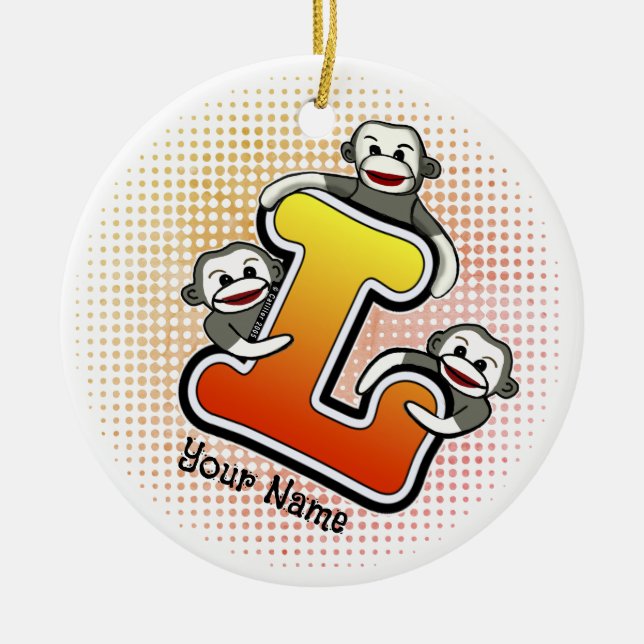 Ornamento De Cerâmica Monograma L Sock Monkey (Frente)