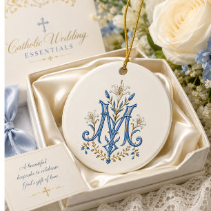 Ornamento De Cerâmica Monograma Mariano Católico Floral Azul