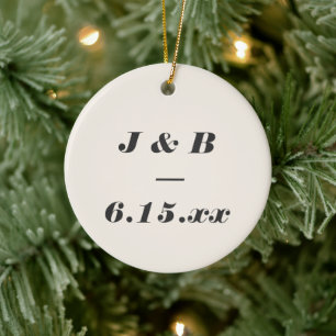 Ornamento De Cerâmica Monograma Minimalista Preto e Marfim Casamento Per