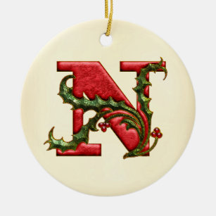 Ornamento De Cerâmica Monograma N do azevinho do Natal