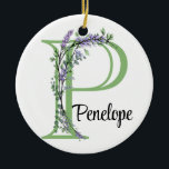 Ornamento De Cerâmica Monograma P Lavanda de viveiro Eucalyptus<br><div class="desc">Uma design romântica e elegante com letra alfabética monográfica moldada por eucalipto e lavanda e libélula pintados em aquarelas. Para começar a alterar o nome, clique em "Personalizar este modelo" e edite o texto nas caixas modelo. Para acessar as ferramentas de edição mais avançadas, role para baixo até "Clique para...</div>