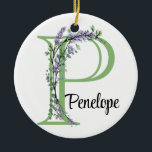 Ornamento De Cerâmica Monograma P Lavanda de viveiro Eucalyptus<br><div class="desc">Uma design romântica e elegante com letra alfabética monográfica moldada por eucalipto e lavanda e libélula pintados em aquarelas. Para começar a alterar o nome, clique em "Personalizar este modelo" e edite o texto nas caixas modelo. Para acessar as ferramentas de edição mais avançadas, role para baixo até "Clique para...</div>