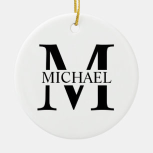 Ornamento De Cerâmica Monograma Personalizado Branco e Nome