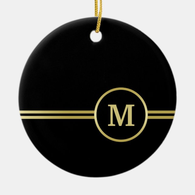 Ornamento De Cerâmica Monograma personalizado de ouro elegante a preto (Frente)