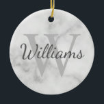 Ornamento De Cerâmica Monograma Personalizado e Marca Marble Look<br><div class="desc">Monograma Personalizado e Dif de Nome apresentam nome personalizado no estilo de fonte do script da cinza e monograma no estilo de fonte da cinza-luz como fundo, no fundo da aparência do mármore branco. Perfeito para feriado, reagrupamento familiar e quaisquer ocasiões especiais. Observe que os detalhes do mármore são simulados...</div>