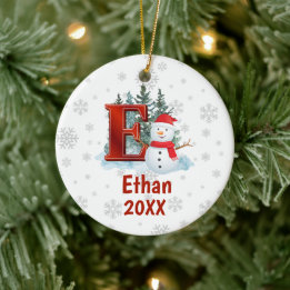 Ornamento De Cerâmica Monograma Personalizado - Letra E Snowman - Natal