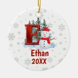 Ornamento De Cerâmica Monograma Personalizado - Letra E Snowman - Natal