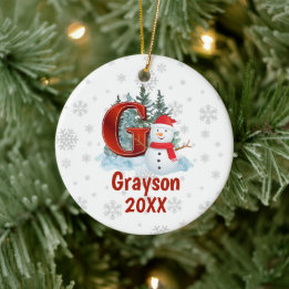 Ornamento De Cerâmica Monograma Personalizado - Letra G Snowman - Natal