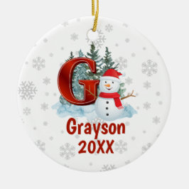 Ornamento De Cerâmica Monograma Personalizado - Letra G Snowman - Natal