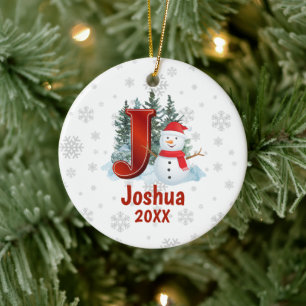 Ornamento De Cerâmica Monograma Personalizado - Letra J Snowman - Natal