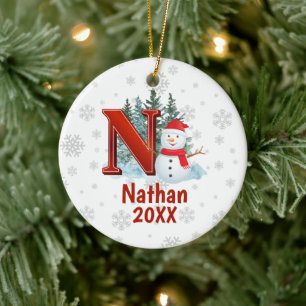 Ornamento De Cerâmica Monograma Personalizado - Letra N Snowman - Natal
