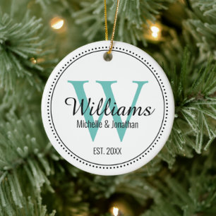Ornamento De Cerâmica Monograma Personalizado Novo Verde Teal Milgrain