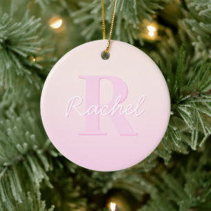 Ornamento De Cerâmica Monograma Personalizável Fofo Ombre Rosa e Bege