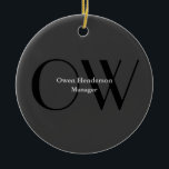 Ornamento De Cerâmica Monograma Preto de Cinza Única na moda<br><div class="desc">Você pode facilmente alterar as fontes,  a imagem de fundo e a cor,  os caracteres de letra.</div>