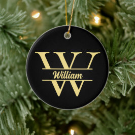 Ornamento De Cerâmica Monograma preto e Dourado | Script inicial Elegant