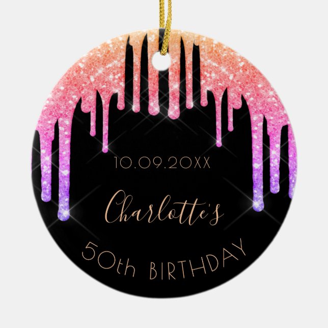 Ornamento De Cerâmica Monograma preto-rosa-reluzente (Frente)