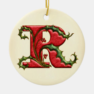 Ornamento De Cerâmica Monograma R do azevinho do Natal