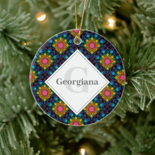 Ornamento De Cerâmica Monograma Rainbow Floral Fountain Art Deco Scallop