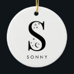 Ornamento De Cerâmica Monograma S Celestial<br><div class="desc">Adicione um toque de magia celestial à sua decoração de férias com este Enfeites de natal monográfico espantoso! Apresentando uma carta adornada com estrelas pequenas e luas à sua volta e a sua escolha de nome por baixo, este ornamento personalizado é o nome perfeito para a temporada. Ele ajustado confortavelmente...</div>
