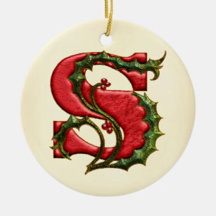 Ornamento De Cerâmica Monograma S do azevinho do Natal