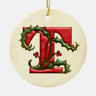 Ornamento De Cerâmica Monograma T do azevinho do Natal