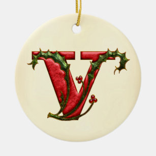 Ornamento De Cerâmica Monograma V do azevinho do Natal