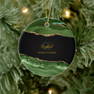 Ornamento De Cerâmica Monograma verde e Dourado moderno de brilho