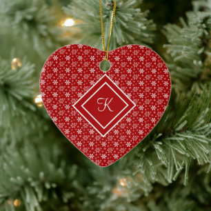 Ornamento De Cerâmica Monograma Vermelho Branco Floco de Neve Natal Féri