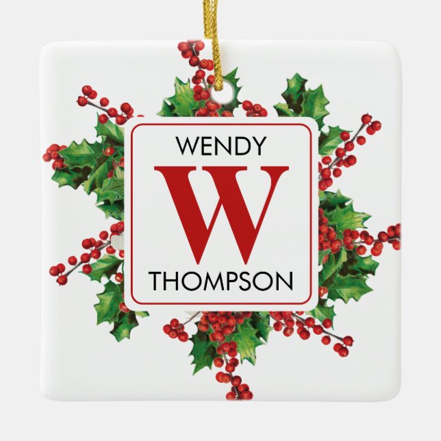 Ornamento De Cerâmica Monograma Vermelho e Verde Festivo (Frente)