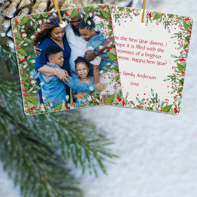 Ornamento De Cerâmica Monograma Vermelho Foto Verde de Natal Clássica Ro (Criador carregado)