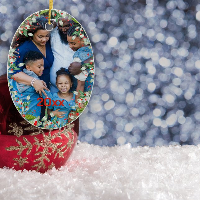 Ornamento De Cerâmica Monograma Vermelho Foto Verde de Natal Clássica Ro (Criador carregado)