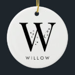 Ornamento De Cerâmica Monograma W Nome Celestial<br><div class="desc">Adicione um toque de magia celestial à sua decoração de férias com este Enfeites de natal monográfico espantoso! Apresentando uma carta adornada com estrelas pequenas e luas à sua volta e a sua escolha de nome por baixo, este ornamento personalizado é o nome perfeito para a temporada. Ele ajustado confortavelmente...</div>
