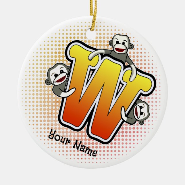 Ornamento De Cerâmica Monograma W Sock Monkey (Frente)