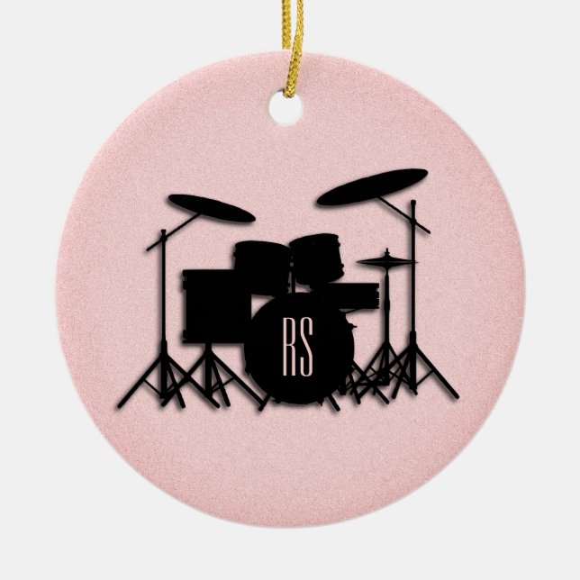 Ornamento De Cerâmica Monogramo Drum Set Music Design Rosa (Frente)