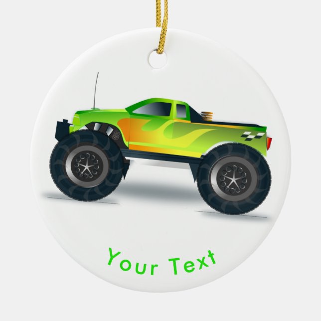 Ornamento De Cerâmica Monster truck dos ESPORTES em verde de néon & na (Frente)