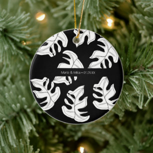Ornamento De Cerâmica Monstera Preto Branco Botânico Casamento